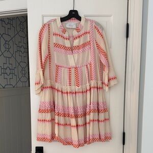 Tiered Boho Tunic Dress with Pink & Coral Geometric Stripes size small.